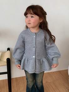 DAZY Infant (Girl) Round Neck Ruffle Trim Korean Style Long Sleeve Sweatshirt - Grey - View 1