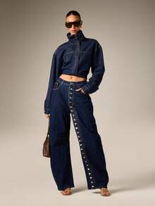 AiiRZ Wide Leg Dark Wash Denim Jeans With Button Side Seam Detail Mid Rise Full Length Barrel Fit Fall Winter Style - Dark Wash - View 2