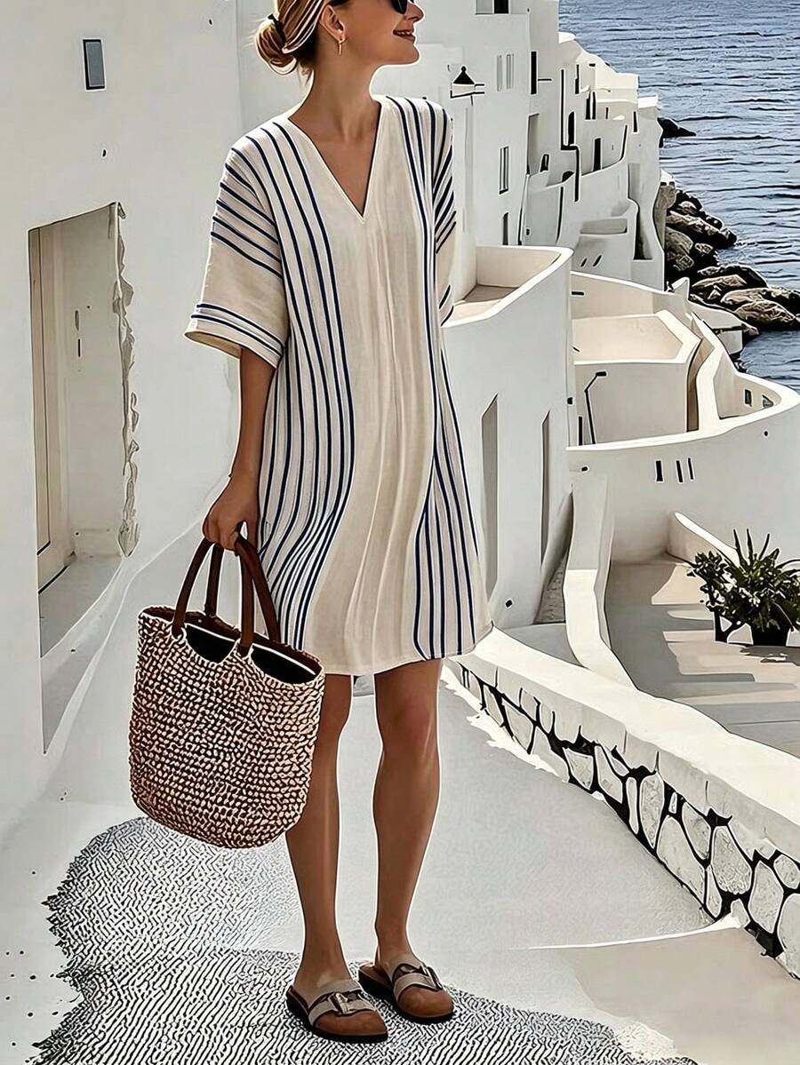 SHEIN Holidaya 女士休闲条纹度假连衣裙 - 藏蓝色 - 查看 1