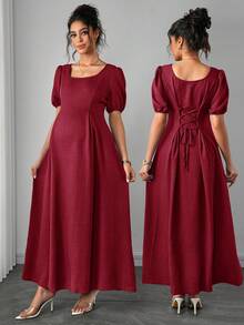 Momance Comfortable Asymmetrical Shoulder Ruched Waist A-Line Elegant Romantic Maternity Dress - 酒紅色 - 查看 1