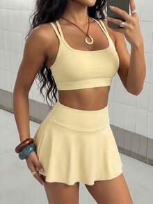 StreetHx Women's Solid Color Double Strap Cropped Sports Tank Top - Yellow - View 4