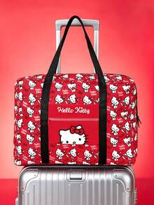 HELLO KITTY AND FRIENDS | SHEIN 可愛貓咪印花可折疊旅行托特包，大容量，行李套筒，輕量化，適合旅行/上學，附前口袋 - 黑紅白 - 查看 3