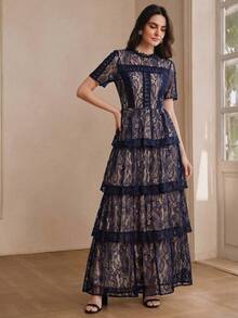Anewsta Petite Summer New Short Sleeve Navy Blue Multi-Layer Lace Ruffle Hem Elegant Versatile Long Dress - Navy Blue - View 5