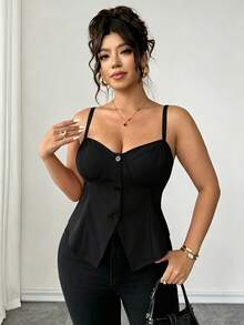Elenzga Plus Size Elegant Casual Solid Color Spaghetti Strap Camisole, Hemline Split Button Design, Suitable For Daily Wear, Beach Vacation, Date, Party, Spring/Summer - Black - View 5