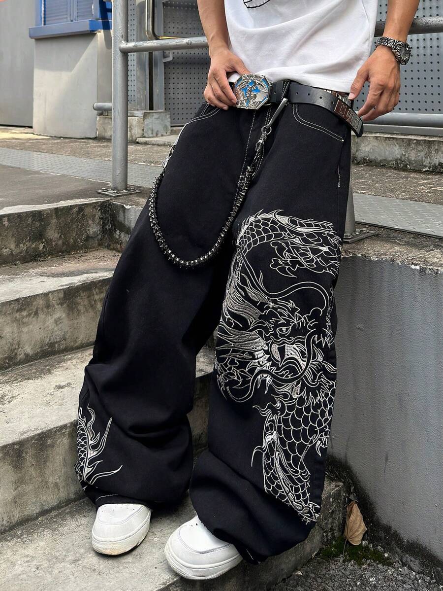 STEELVANCE 街頭風復古時尚百搭做舊水洗鉚釘刺繡花卉設計寬鬆直筒寬腿休閒牛仔褲(不含腰帶與配件) - 黑色 - 查看 1