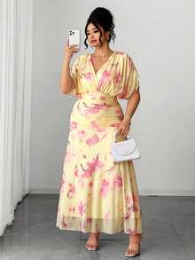 Elenzga Plus Size Summer Elegant Celestial Floral Print Dress Wedding Party Formal Yellow - Multicolor - View 5