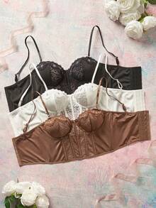 Elorette 3pcs Bra Wanita Elegan Warna Polos dengan Motif Renda dan Tambal Sulam - MultiWarna - View 3