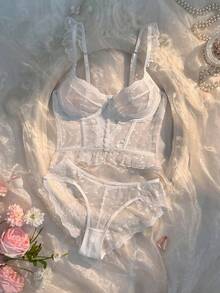 Crystal Vow Women's Lace Patchwork Spaghetti Strap Bra And Triangle Panty Sexy Lingerie Set - White - View 1