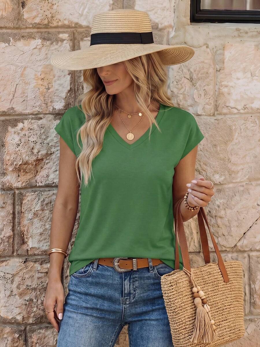 EMERY ROSE Casual Solid Color V-Neck T-Shirt, Versatile For Summer - Olive Green - View 1