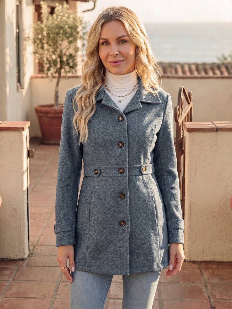 SHEIN PariChic Women Overcoats Tombol Depan Plain Casual - Dark Grey - View 1
