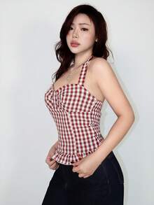 ROMWE Avant Set Kamisol Tanpa Lengan dengan Motif Polkadot dan Kotak-kotak Gaya Liburan Romantis untuk Wanita - Mocha Brown - View 10