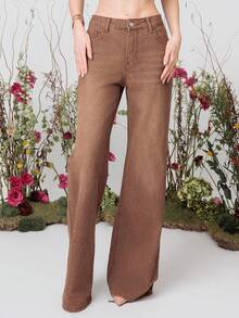 PRISCILA ESCOTO PRISCILA ESCOTO Celana Jeans Wanita Kasual Fashion Jalanan Pinggang Rendah Longgar Kaki Lebar Warna Cokelat - Coklat - View 4