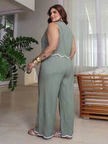 Bibi Tomais Plus Size Casual Sleeveless Top And Pants 2 Pieces Set Elegant Summer - Green - View 2