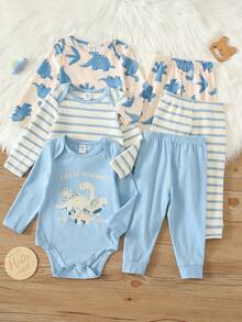 Unisex Newborn Baby Boy/Girl, 3sets Autumn/Winter Casual Cute Dinosaur Pattern Blue Tone Romper Set, Baby Winter Clothes/Bodysuit Set, Halloween Pcs - Blue - View 7