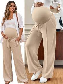 SHEIN Maternity Solid Color Adjustable Waist Casual Versatile Daily Wear Long Pants Fall,Autumn Outfit For Women - Khaki - View 1