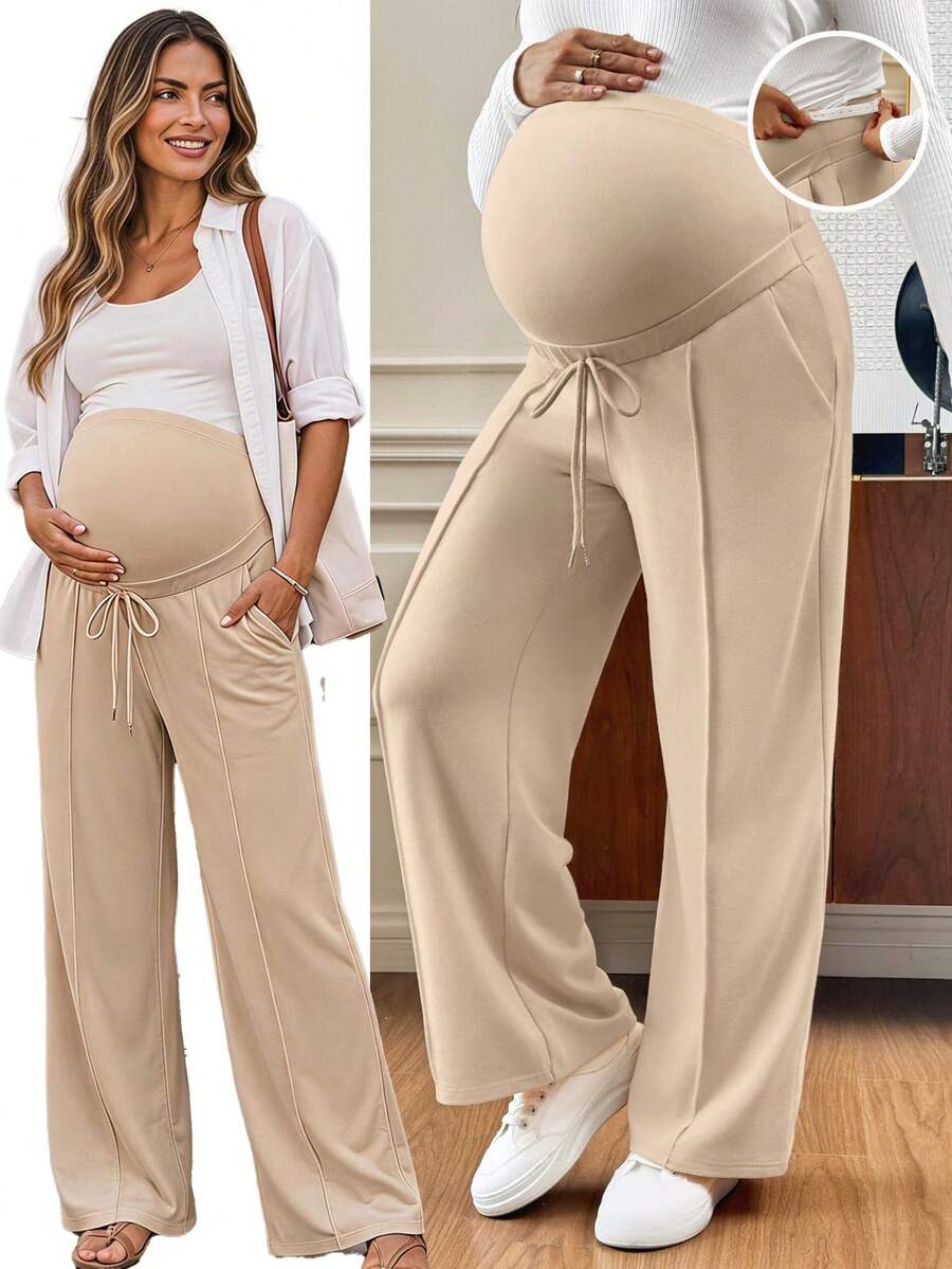 SHEIN Maternity Solid Color Adjustable Waist Casual Versatile Daily Wear Long Pants Fall,Autumn Outfit For Women - Khaki - View 1