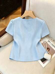 SHEIN Franclia 女款素色圓領前開襟歐根紗刺繡短袖襯衫 淺藍色 夏季休閒 適合辦公室與早午餐 - 藍色 - 查看 2