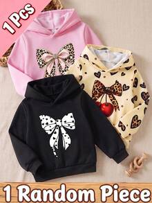 Randomly Ships 1 Of 3, Young Girls Casual Cute Leopard Print Cherry And Bow Pattern Hooded Sweatshirt, Suitable For Autumn/Winter Daily Wear, Comfortable And Cozy - Multicolor - View 3