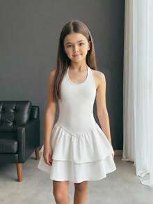 Firerie Kids Firerie Kids 少女休闲粉色针织吊带瑜伽腰A字迷你连衣裙，适合情人节、派对、郊游、返校季、毕业季等场合。 - 白色 - 查看 6