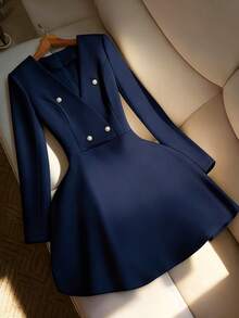 GlowEve CURVE Women's Plus Size Solid Navy Blue V-Neck Pearl Button Blazer Waist-Cinching Dress, French Double-Breasted Long Sleeve A-Line Short Umbrella Skirt, Elegant Commute Daily Holiday Interview Date Autumn/Winter New Dress - Navy Blue - View 1