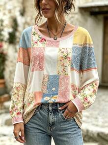 Selamara Women's Casual Floral And Plaid Print Round Neck Long Sleeve T-Shirt, Suitable For Daily Wear Fall - Apricot - View 4