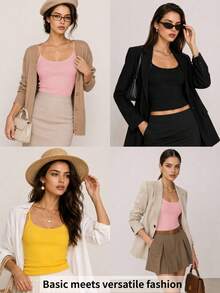 SHEIN BASICS 1件女款純色修身休閒細肩帶背心上衣 白色上衣 - 粉色 - 查看 17