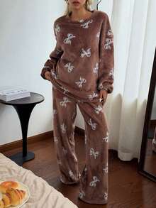 SHEIN 女款蝴蝶結印花冬季新款長袖褲裝家居服套裝 - 咖啡棕 - 查看 3