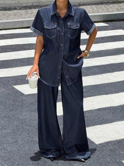 DAZY Women's Short Sleeve Single-Breasted Shirt And Long Pants Denim Set