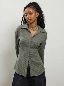 COUREZ Long Sleeve Cinched Shirt In Grid Check / Fall Tops Y2K Green Fall Cute Autumn Clothes For Women Outfits Rave Club Outfits For Women Going Out Tops - Army Green - View 4