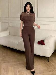 Celisse Women's Solid Color Contrast Mesh Short Sleeve Elegant Jumpsuit - Coffee Brown - View 3
