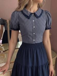 SHEIN MOD Lace Trim Puff Sleeve Crop Blouse,Short Sleeve Tops Brunch Everyday Navy And White Summer Vintage Elegant Brunch Everyday, Back To School,Campus - Navy Blue - View 8