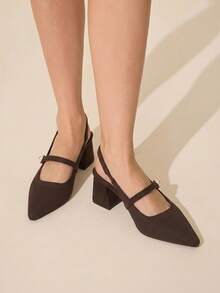 CUCCOO BASICS 時尚經典飛織透氣舒適通勤派對宴會尖頭粗跟女款高跟鞋 Slingback 後跟帶鞋 - 咖啡棕 - 查看 2