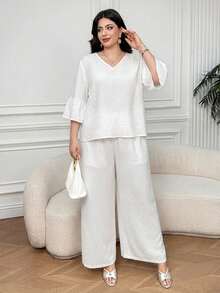 Dazy Plus Setelan 2 Potong Kemeja Putih dan Celana Panjang Lebar Warna Polos Kasual Elegan untuk Liburan, Kantor, dan Formal Wanita Ukuran Plus, dengan Manset Berkerut, Cocok untuk Musim Panas. - Putih - View 2