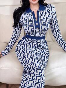 Feyla Women's Geometric Pattern Collar Button Design Sweater - Navy Blue - View 1