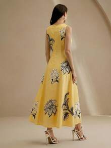 Anewsta Elegant Floral Print Spaghetti Strap Dress For Women - Yellow - View 2