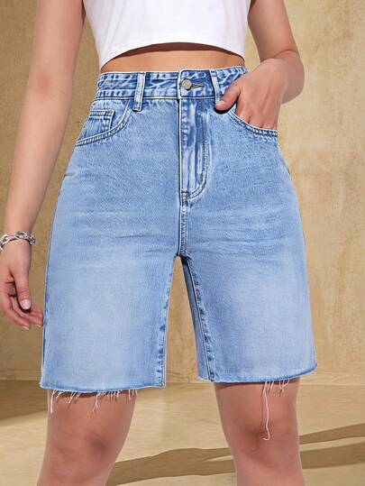Selenza Women Casual Frayed Hem Denim Shorts With Pockets