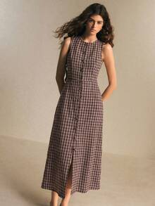 Poéselle Women's Plaid Button-Front Waist-Cinching Slim Fit Long Dress, Commuter Office Wear, Summer Outing Outfit - Coffee Brown - View 3