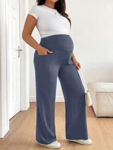 Plussiva Plus Size Maternity Solid Color Adjustable Waistband Pants With Pockets - Grey - View 4