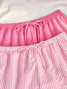 SweetSlumber Women's Sweet INS Pink Striped Pajama Bottoms 2pcs Set - Pink - View 4