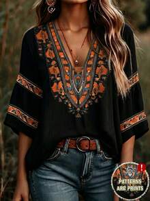 EMERY ROSE Women's Bohemian Style Loose Floral Embroidered Batwing Sleeve Blouse - Black - View 1