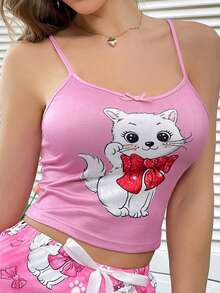Cute Cat Bowknot Strap Camisole Top Women Sleepwear Holiday Season - Multicolor - View 5