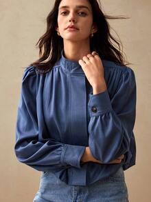 Willow Rêve Women's Dusty Blue Stand-Collar Cropped Jacket, Button Front, Pleated Puff Long Sleeves, Elegant French Style, Office Autumn - Navy Blue - View 7