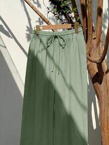 GalTyme Plus Size Women's Solid Color Drawstring Waist Casual Versatile Daily Wear Long Pants Fall - Green - View 4