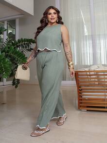 Bibi Tomais Plus Size Casual Sleeveless Top And Pants 2 Pieces Set Elegant Summer - Green - View 3
