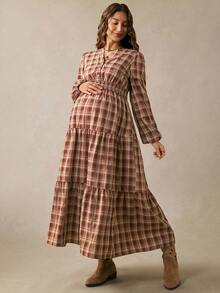 Boho Mama Plaid Pleated Casual Sexy Daily Photoshoot Maternity Dress Autumn Burgundy - Burgundy - View 6