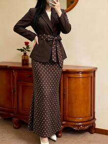 SHEIN Clasi Brown Suit Polka Dot Mermaid Skirt With Single-Breasted Two-Button Same-Color Round Buttons, Symmetrical Front Patch Pockets Design, Vintage Commuter Details Plus Size 2 Pieces Set - Coffee Brown - View 4