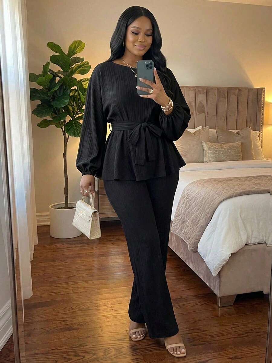 SHEIN Lady CURVE Plus Size Women Solid Color Lantern Sleeve Blouse And Pants Casual 2 Pieces Set - Black - View 1