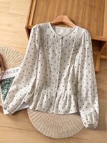 Rusticease Blouse décontractée à manches longues à pois pour femmes, à simple boutonnage, avec ourlet à volants, blanc à pois, automne - Nude - Voir 3