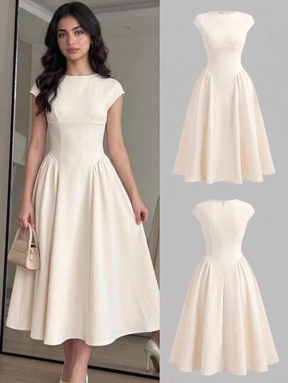 Pitira Đầm dài nữ teen phong cách vintage thanh lịch, dáng xòe phồng, chiết eo, nhún xếp ly chữ A màu trắng, dễ thương kiểu Pháp, phù hợp đi đám cưới, hẹn hò và dạo phố