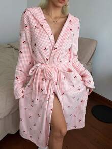 SHEIN Women's Winter Plush Pink Plaid Cherry Print Hooded Robe - Pink - View 3